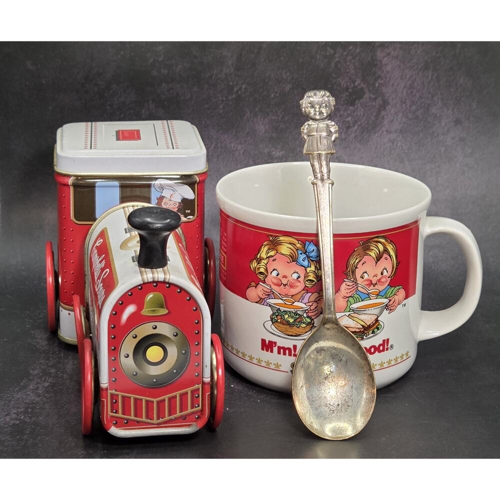 Campbells Soup Kids Mug 1989 Train Cracker Tin 1997 Vintage Spoon Collection